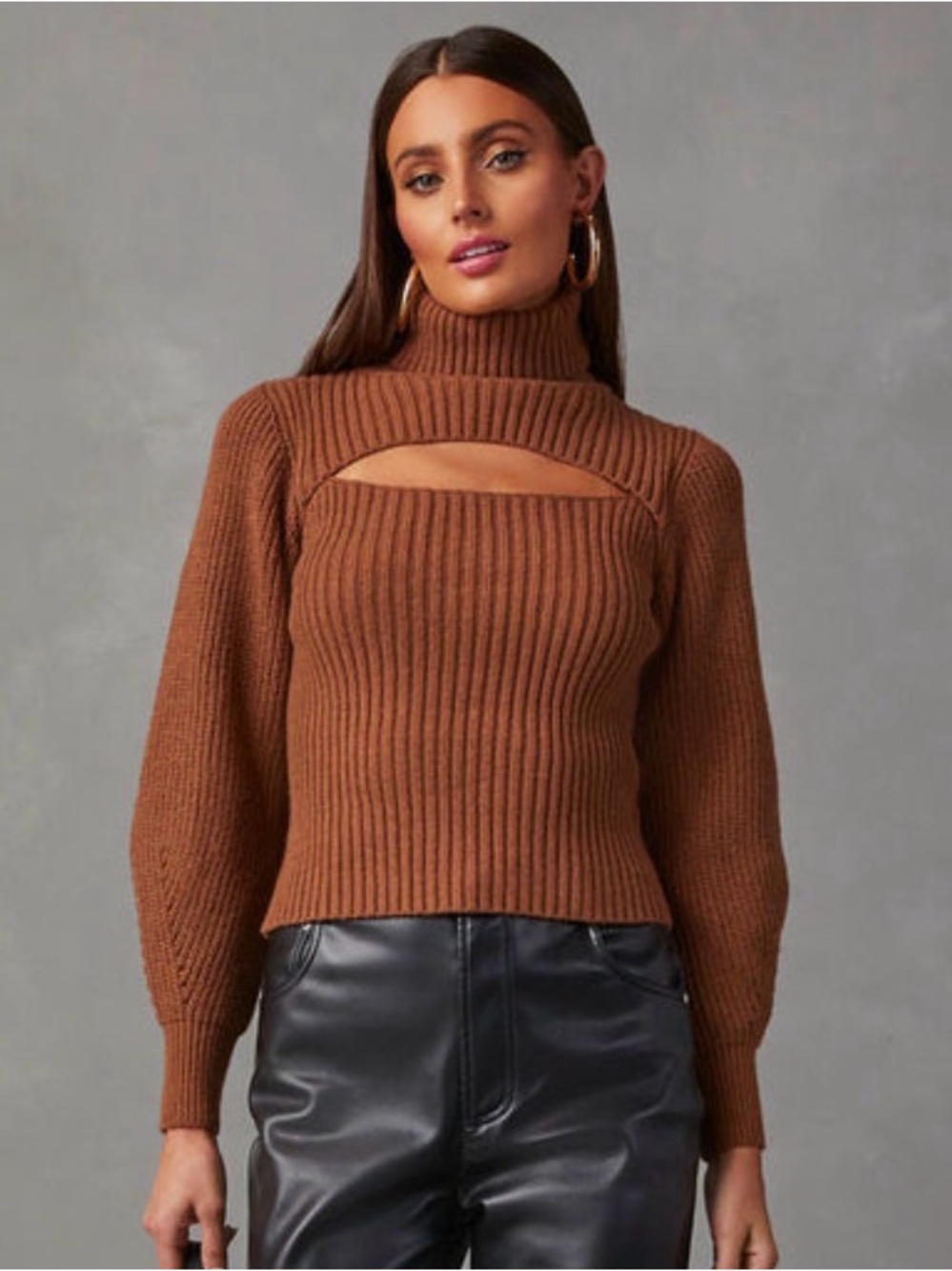 &merci Brown Cut-Out Turtleneck Sweater